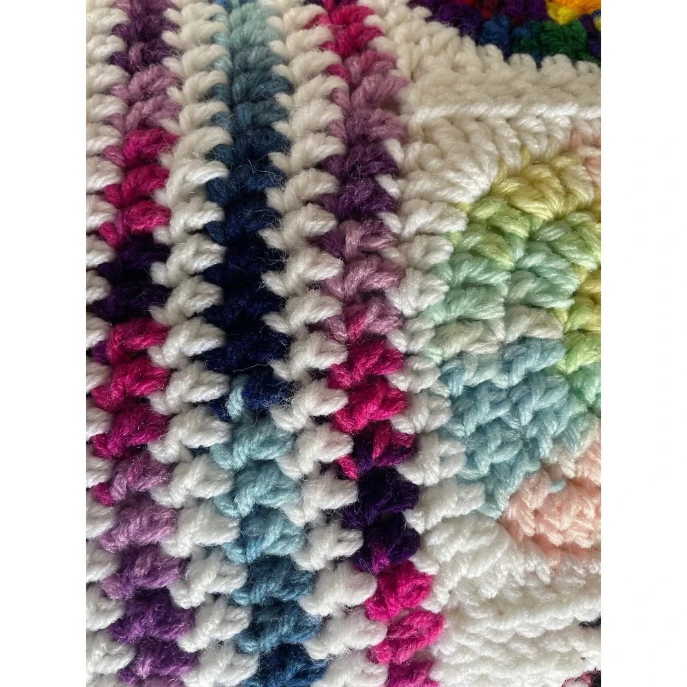 Vtg Handmade Crochet Throw Blanket  Rainbow Circle GrannySquare Boho Afghan61x50